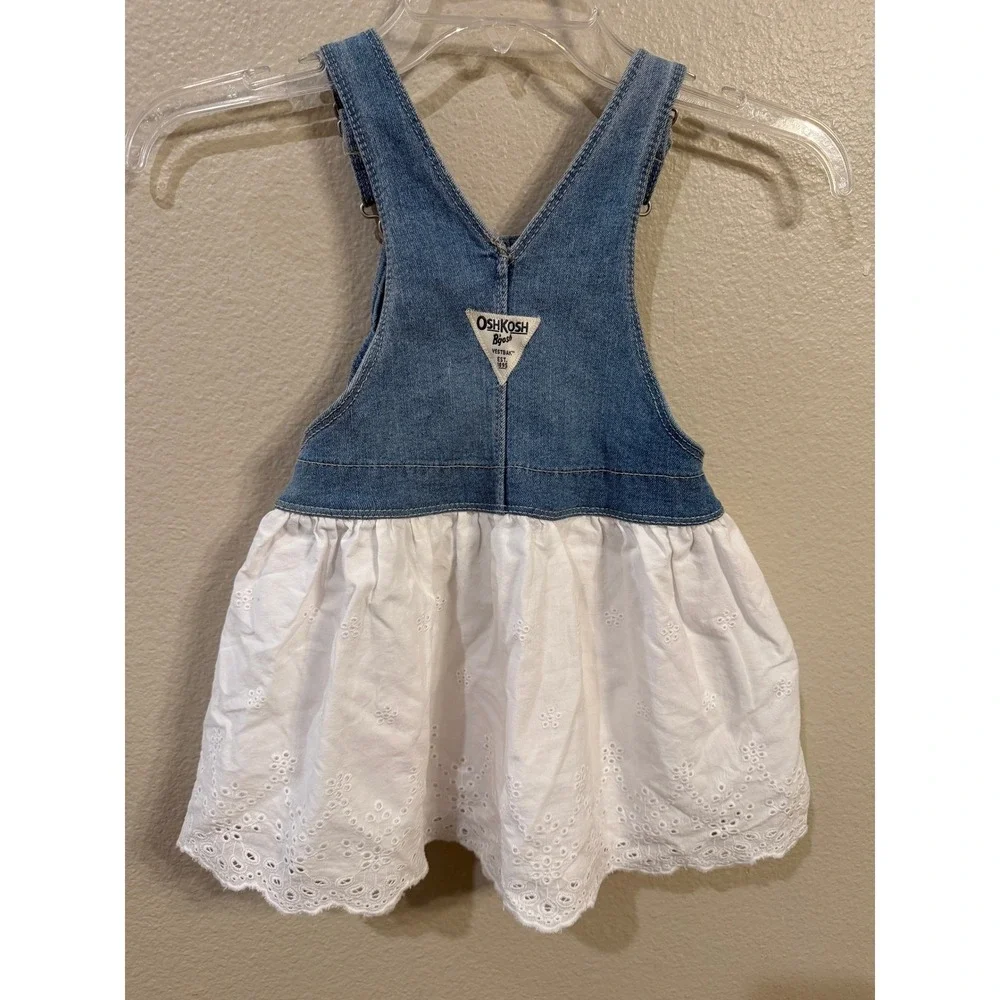 OshKosh Overall Dress Toddler 3T Blue White Excellent Eyelet Lace Denim Bib